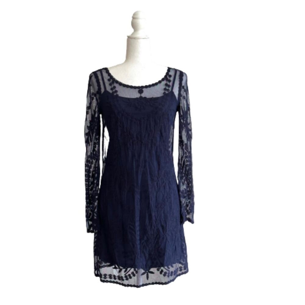 Divided Dress Navy Blue Lace Illusion Long Sleeve Mini Dress Size 4 NEW